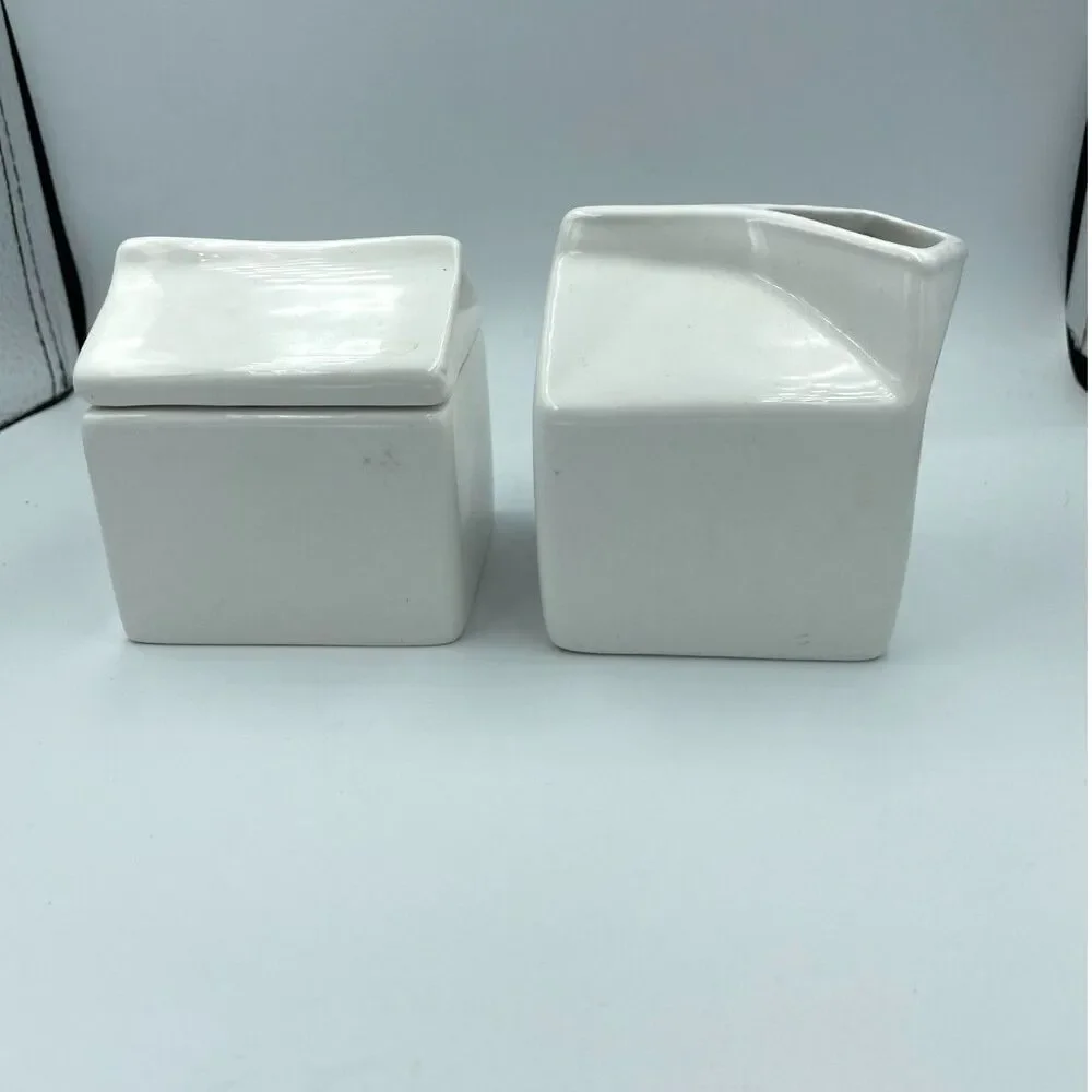 Crate & Barrel Farmhouse Sugar Bowl/Creamer White Ceramic Black Typewriter Text
